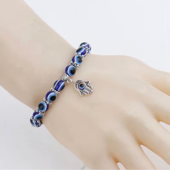 Blue Beaded Evil Eye Stretch Charm Bracelet - Picture 3 of 7